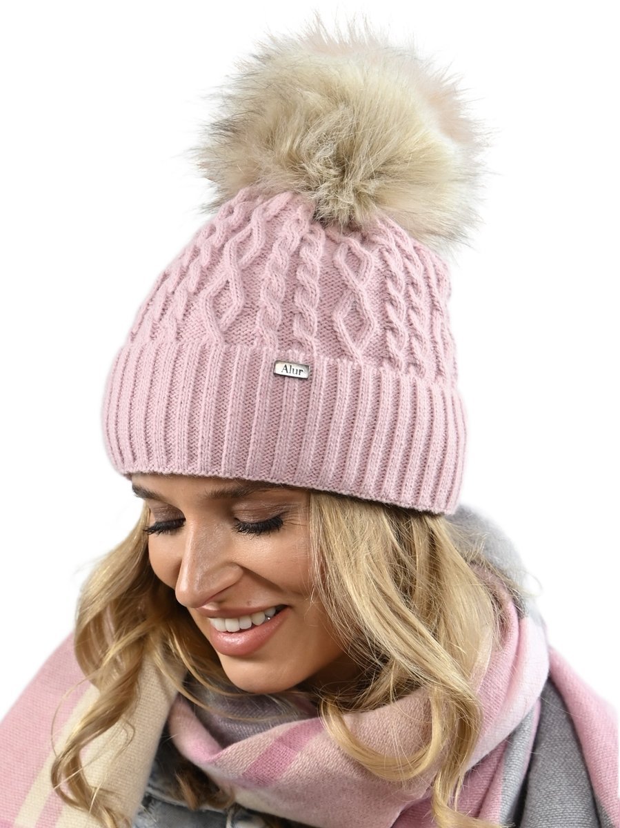 Czapka Damska Z Pomponem Zimowa różowa Ciepła czapka z polarem PL