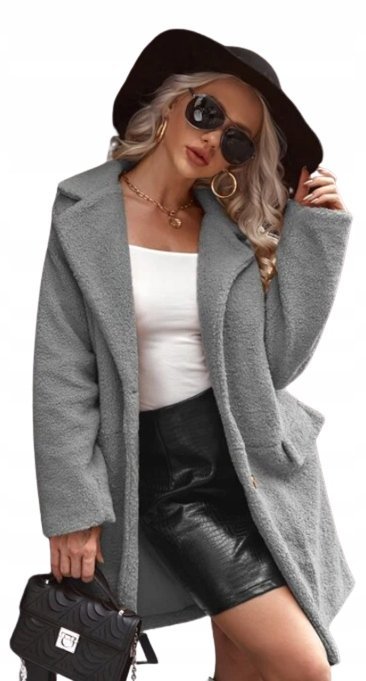 SHEIN PŁASZCZ DAMSKI SZARY PLUSZOWY GUZIKI 36 V4F