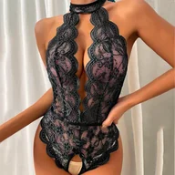 Body - Koronkowe body z chokerem - L Czarny - miniaturka - grafika 1