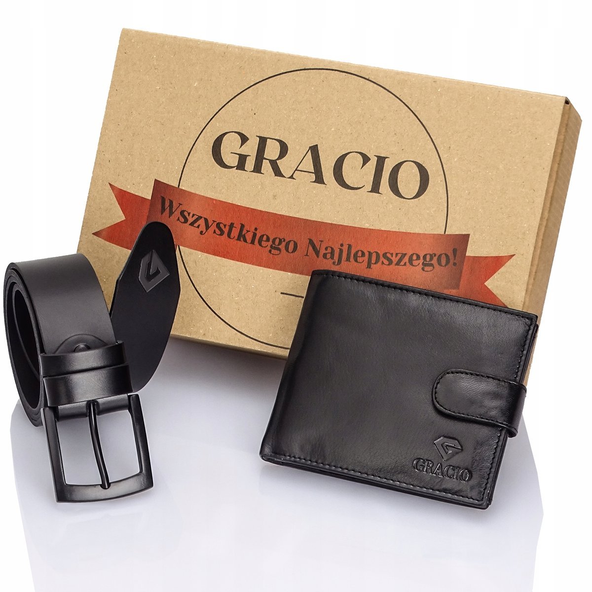 GRACIO zestaw, pasek i portfel męski - elegancka czarna skóra naturalna
