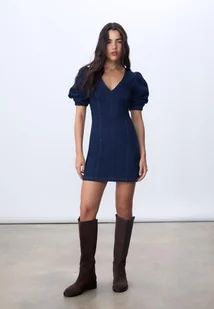 Stradivarius Krótka dżinsowa sukienka z bufiastymi rękawami NIEBIESKI DENIM OVERDYED L - Sukienki - miniaturka - grafika 1
