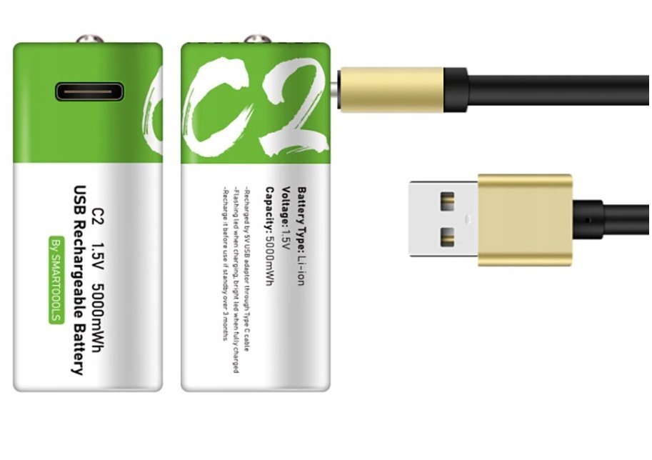 BATERIE PALUSZKI AKUMULATOR-KI C USB-C R14 2SZT WIELOKROTNEGO UŻYTKU C2 2SZT