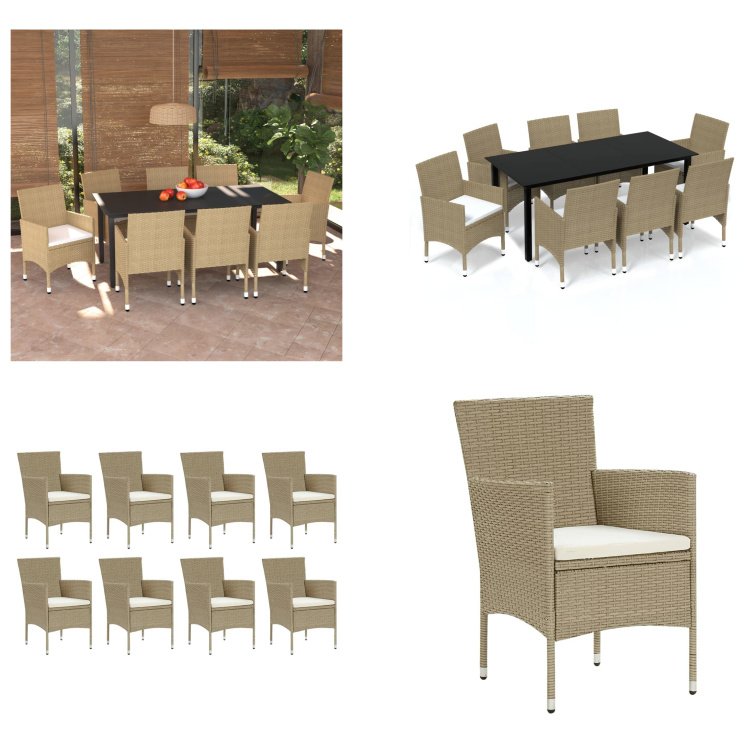 vidaXL 9-częściowy ogrodowy zestaw jadalny z poduszkami z rattanu w kolorze beżowym - Zestaw jadalny - Zestawy jadalne - Ogrodowy zestaw jadalny - Ogrodowe zestawy jadalne
