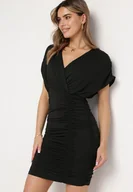 Sukienki - Czarna Sukienka z Kopertowym Dekoltem i Marszczeniami z Wiązaniem na Plecach Edalina - miniaturka - grafika 1