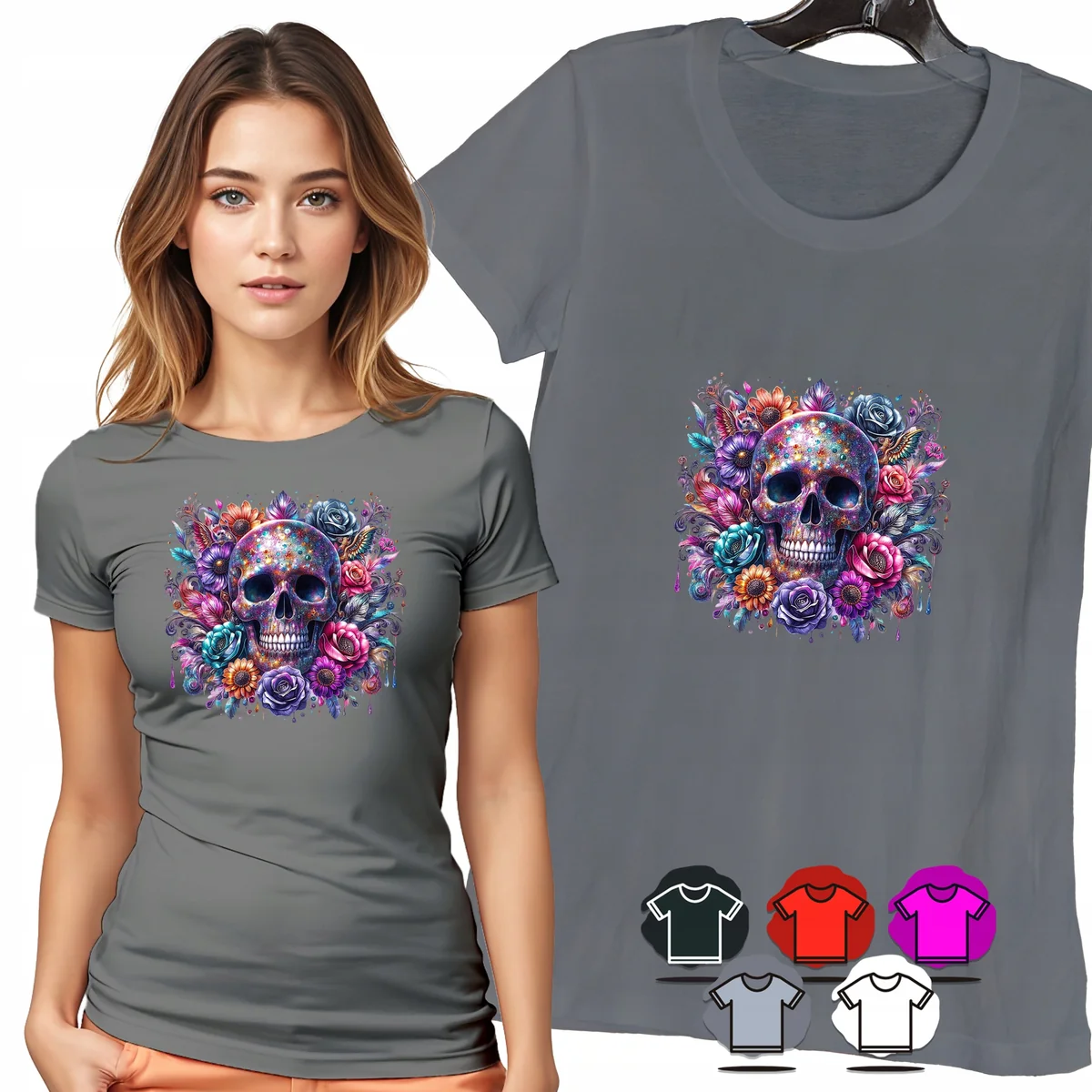 KOSZULKA DAMSKA T-SHIRT - CZASZKA KOLOROWE RÓŻE KWIATOWY WZÓR DAMSKI - XS