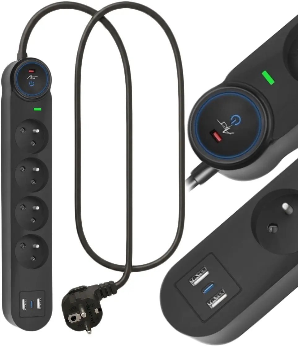 Listwa zasilająca Art Listwa przeciwprzepięciowa 1.5m SPD3 4 gniazda 10A 2x USB-A USB-C 2,6A czarna