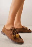 Mokasyny damskie - Brązowe Mokasyny VICES z Wkładką ze Skóry Natualnej Ozdobione Koralikami - miniaturka - grafika 1