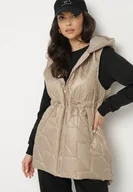 Kamizelki damskie - Beżowa Kamizelka Pikowana z Nieodpinanym Kapturem Lisandora - miniaturka - grafika 1