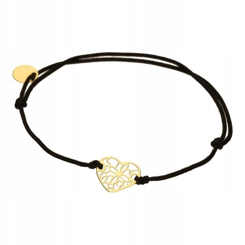 Elegancka bransoleta złota 333 z ażurowym sercem na czarnym sznurku 8KT