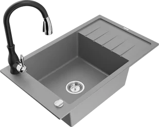 Mexen Elias zlewozmywak granitowy 1-komorowy z ociekaczem i baterią kuchenną Savita, szary - 6511-71-672601-70 - Zlewozmywaki z baterią - miniaturka - grafika 1
