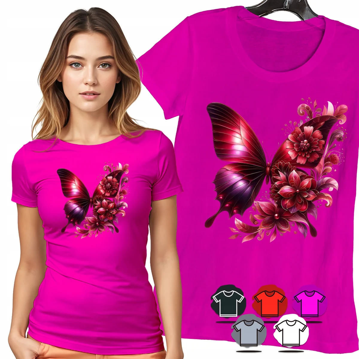 KOSZULKA DAMSKA T-SHIRT - MOTYL BORDOWY KWIATY ELEGANCKI WZÓR DAMSKI - M