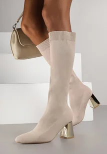 Ciemnobeżowe Skarpetkowe Kozaki VICES na Metalicznym Słupku Naluna - Kozaki damskie - miniaturka - grafika 1