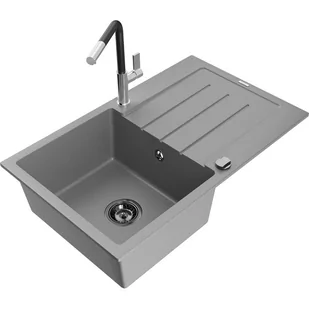 Mexen Bruno zlewozmywak granitowy 1-komorowy z ociekaczem i baterią kuchenną Flora, szary - Zlewozmywaki z baterią - miniaturka - grafika 1