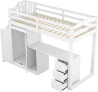 Łóżka dla dzieci i młodzieży - Łóżko na poddaszu Merax 90x200cm z szafą i biurkiem, schodami i szufladami, łóżko piętrowe łóżko dziecięce białe drewno sosnowe - miniaturka - grafika 1