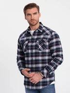 Koszule męskie - Męska flanelowa koszula w kratę z kieszeniami - granatowo-czerwona V2 OM-SHCS-0149 - Ombre Clothing - miniaturka - grafika 1