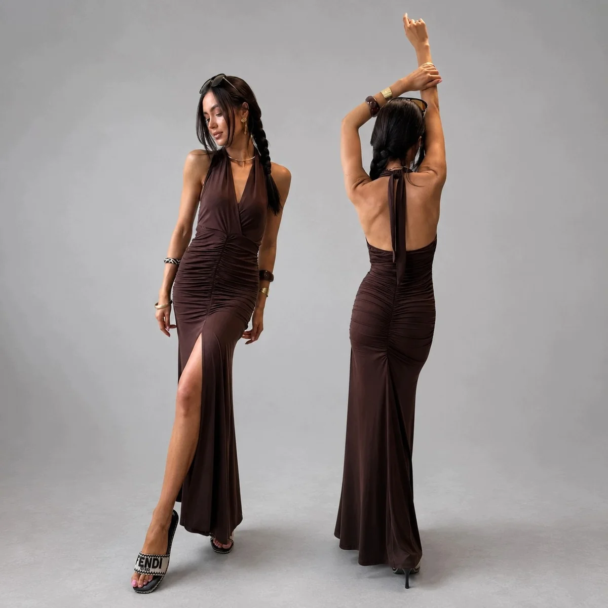 [r. 36] Sukienka Roco Fashion maxi marszczona brązowa