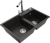 Zlewozmywaki z baterią - Mexen Tomas zlewozmywak granitowy 2-komorowy z baterią kuchenną Duero, czarny/złoty metalik - 6516-75-671600-00 - miniaturka - grafika 1