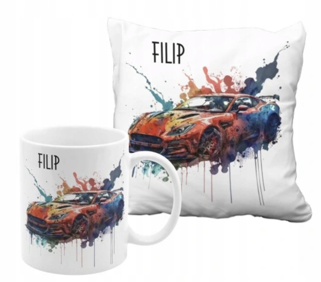 ZESTAW PODUSZKA + KUBEK Prezent AUTO SPORTOWE AKWARELA + IMIĘ 31