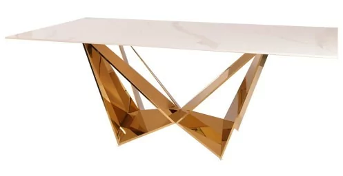 Designerski złoty stół z marmurowym białym blatem 200x100x75 cm VCT2061-small