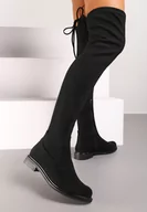 Kozaki damskie - Czarne Kozaki Muszkieterki na Płaskiej Podeszwie z Elastyczną Cholewką i Sznurkiem Ansilith - miniaturka - grafika 1