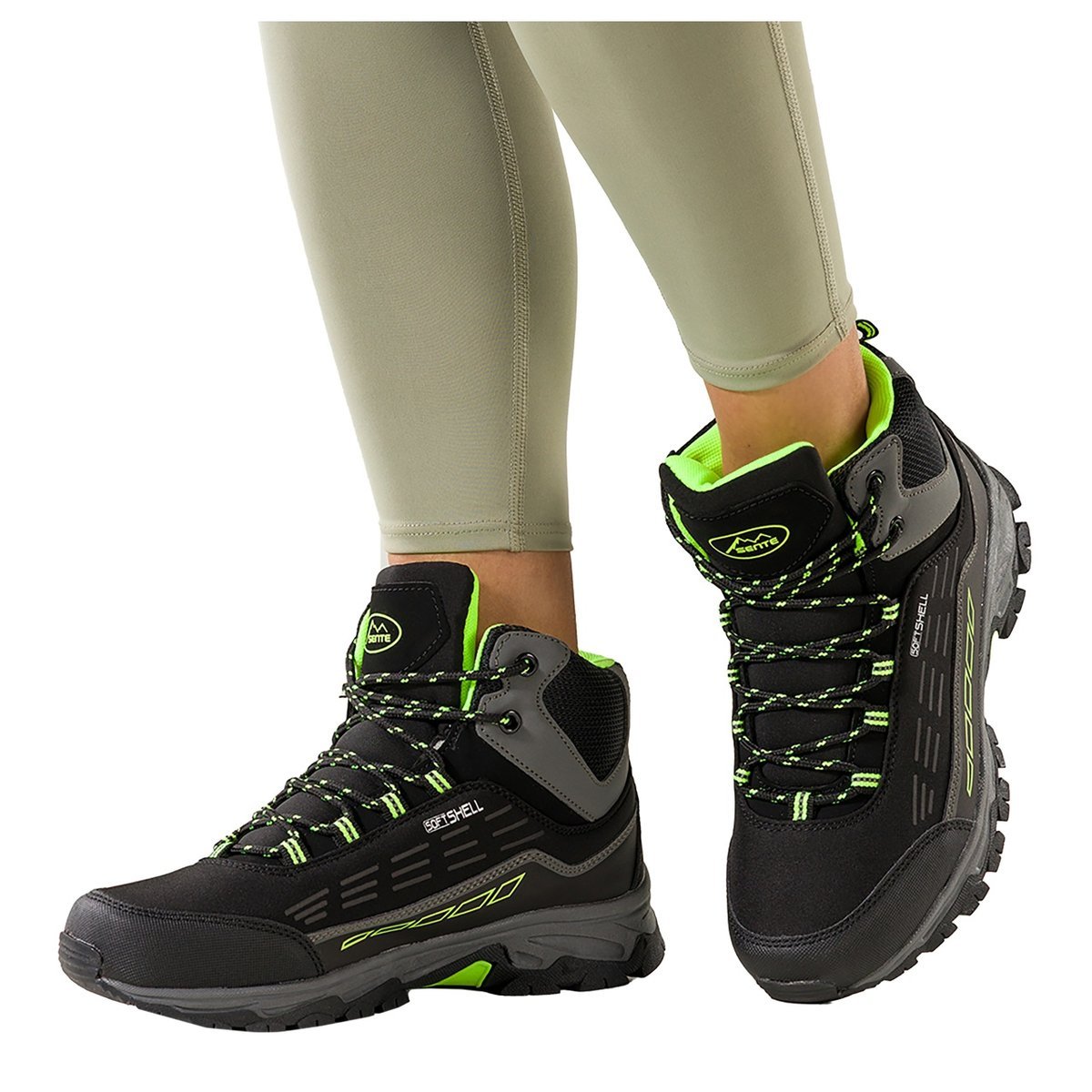 Czarne buty trekkingowe damskie z seledynowymi dodatkami sznurowane softshell Casu Y7994-7-36
