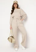 Komplety damskie - Beżowy Komplet Bawełniany Spodnie Szerokie ze Sznurkiem w Pasie i Bluza ze Ściągaczami Urionne - miniaturka - grafika 1