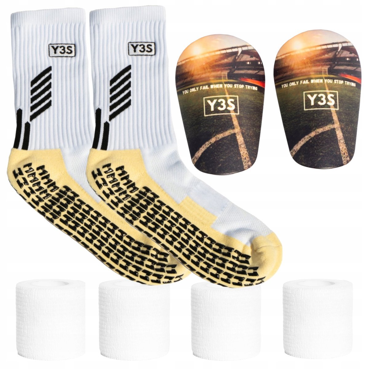 MAŁE OCHRANIACZE PIŁKARSKIE + SKARPETKI ANTYPOŚLIZGOWE 36-41 TAŚMY 18m