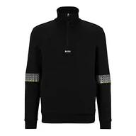 Bluzy męskie - BOSS Męska bluza dresowa 1 z kołnierzem Troyer i wyszywanym logo, czarny (Black1), S - miniaturka - grafika 1