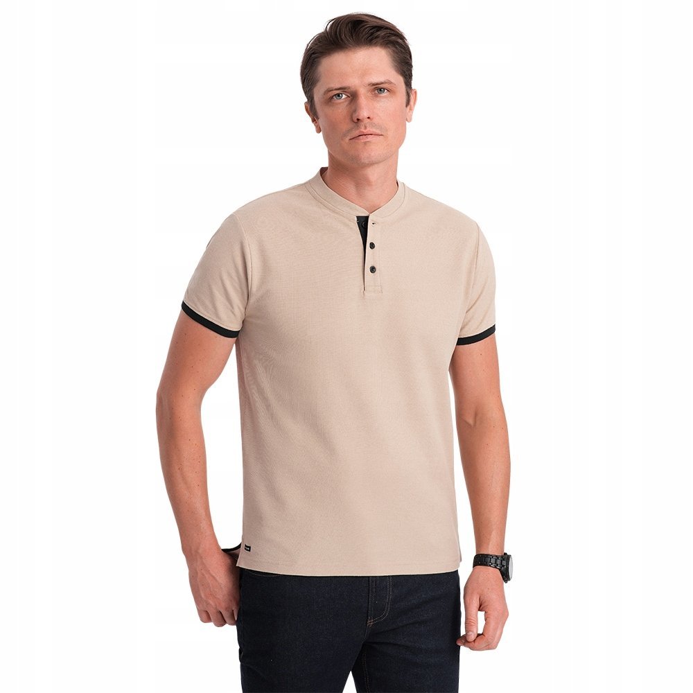 Koszulka męska polo bez kołnierzyka beżowa V5 OM-TSCT-0156 L