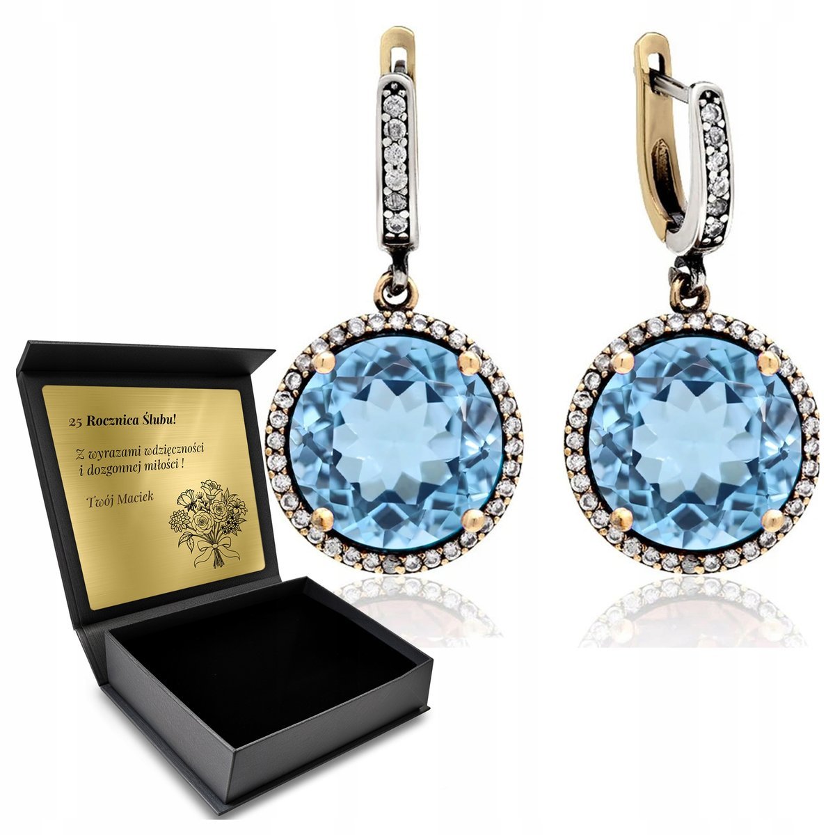 Kolczyki Srebrne 925 Z Cyrkoniami I Błękitnym Topazem Dla Kobiety + Grawer