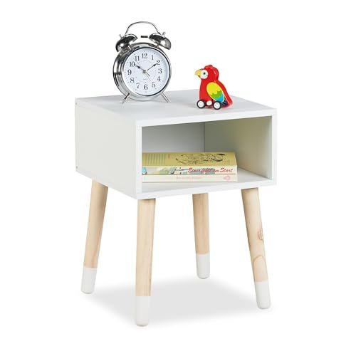Relaxdays Stolik nocny dla dzieci, otwarta półka, wys. x szer. x gł.: 40 x 30 x 30 cm, pokój dziecięcy, komoda dziecięca, 4 nogi, drewno i płyta MDF, biały/naturalny