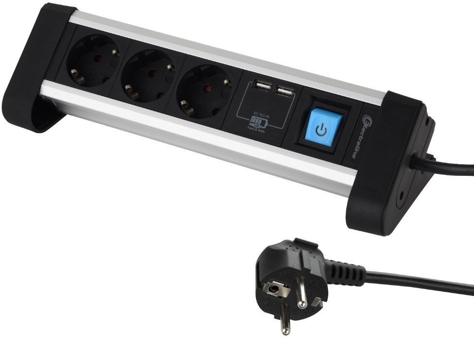 Energenie Ilgiklis ELECTRALINE DESK ALUMINIUM PRO-LINE, 3 lizd. + 2 USB 2.4A, 2 m, su iz., su jungikliu, 3 x 1