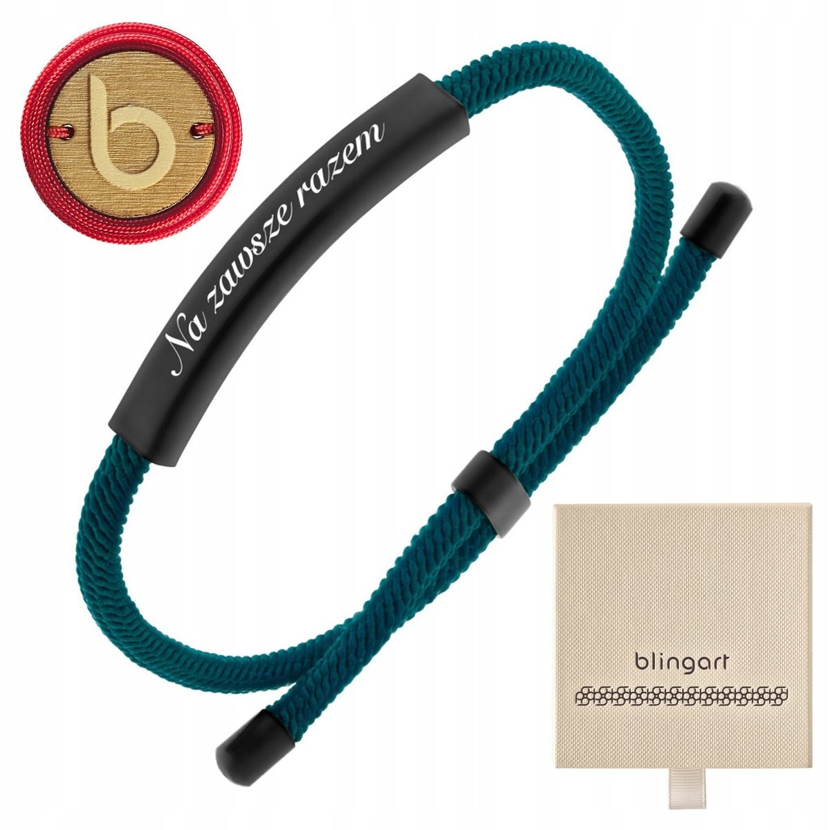 Bransoletka z grawerem męska sznurkowa stal chirurgiczna turkusowa BLINGART