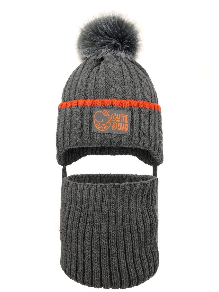 Chłopięcy komplet zimowy czapka i komin dino szary Ambra Biz r.46/48