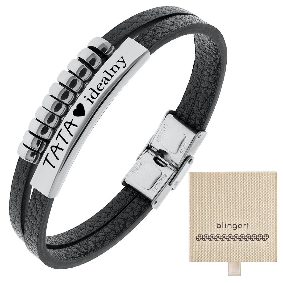 Bransoletka z GRAWEREM męska SKÓRZANA blaszka STAL