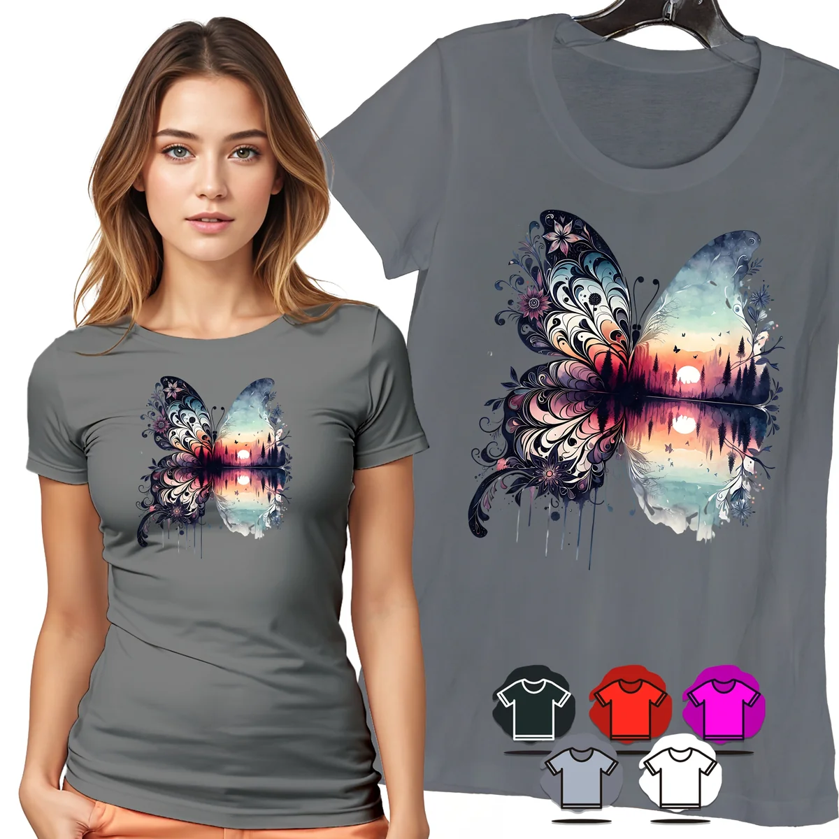 KOSZULKA DAMSKA T-SHIRT - MOTYL KWIATY I JEZIORO KOLOROWY WIDOK WZÓR - XS
