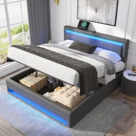 Łóżka - Łóżko tapicerowane Flieks 140x200cm z USB, łóżko na sprężynach hydraulicznych z LED, łóżko młodzieżowe ze stelażem listwowym, łóżko podwójne drewniane, PU, szare - miniaturka - grafika 1