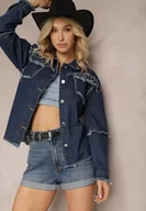 Kurtki damskie - Granatowa Jeansowa Kurtka z Bawełny z Rozprutymi Elementami i Ćwiekami Trudilla - miniaturka - grafika 1