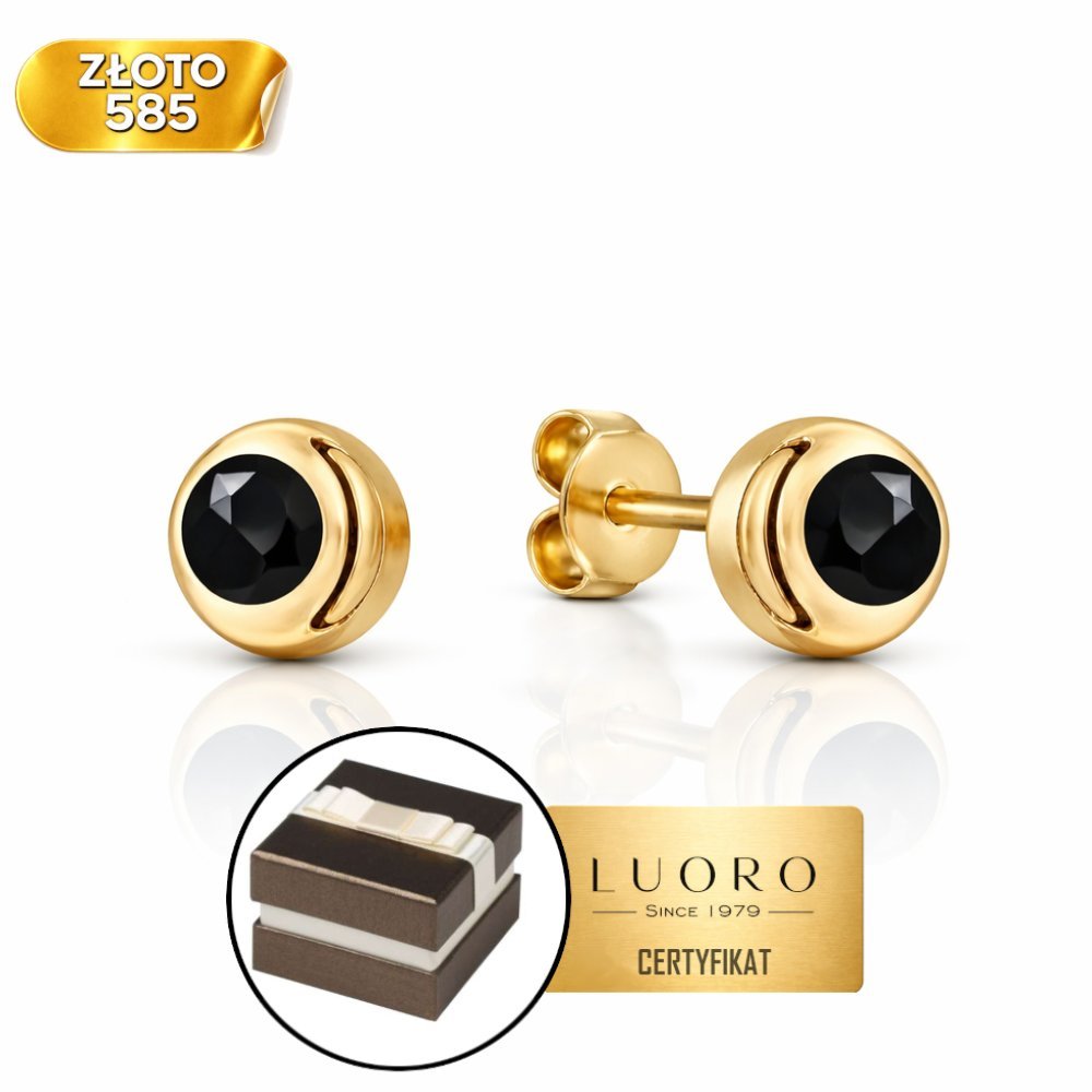 Kolczyki złote 585 14K z czarnym kamieniem kółko sztyft 4 MM eleganckie