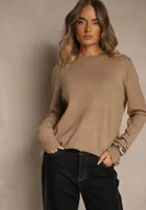 Swetry damskie - Ciemnobeżowy Klasyczny Sweter z Wełną i Bawełną Bez Zdobień Neandia - miniaturka - grafika 1