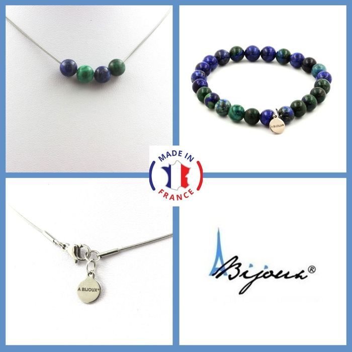 Kamienie i minerały. Komplet biżuterii Bransoletka Naszyjnik 4 Azurytowe Koraliki Chryzokola 8 mm. Możliwość dostosowania rozmiaru.