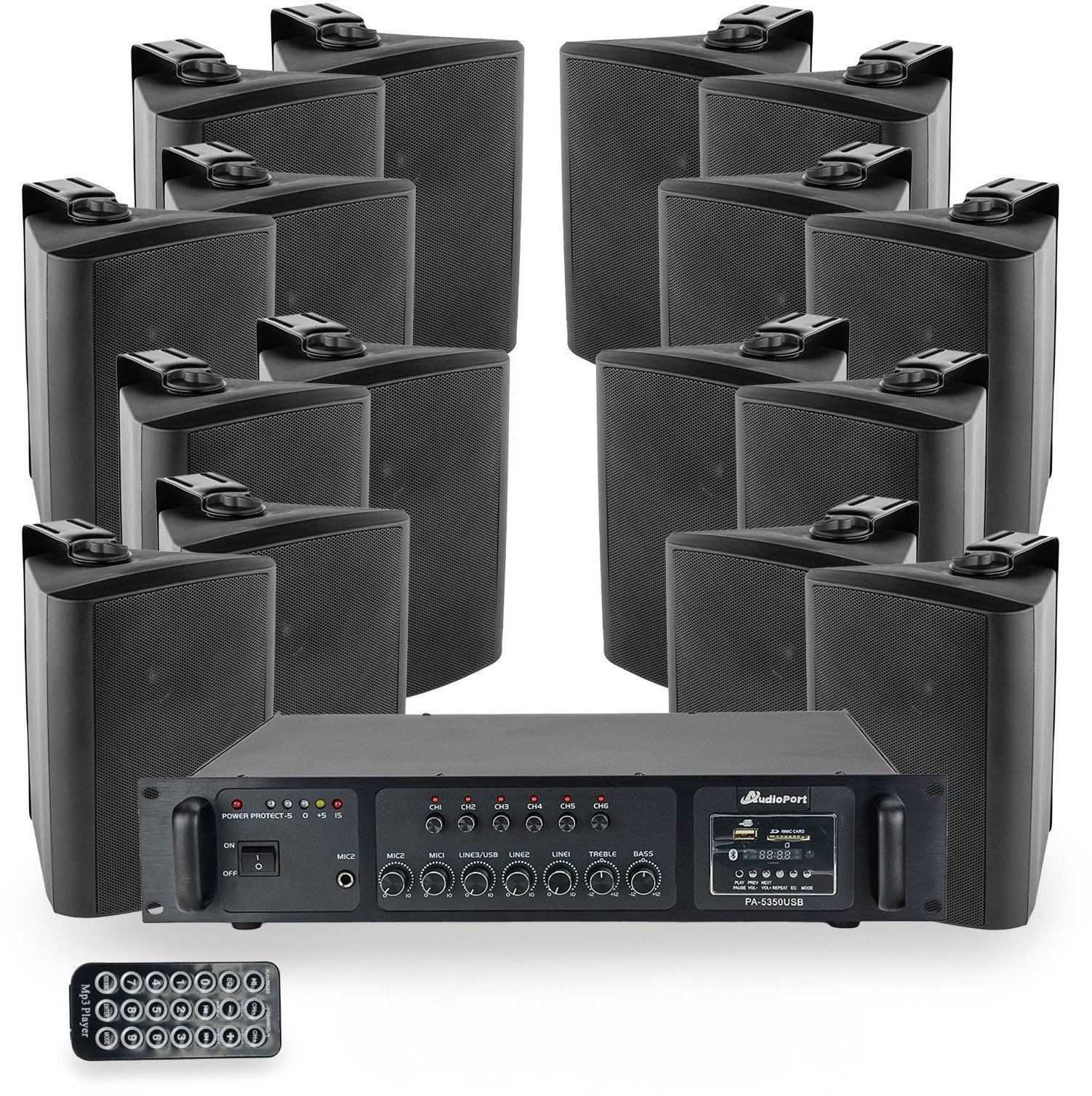 AudioPort Zestaw czarnych głośników naściennych 16x 4'' ze wzmacniaczem 6 strefowym one size