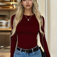 Bluzki damskie - TEMU Elegancka Damska Bluzka z Długim Rękawem w Dopasowanym Kroju - Burgundowa Tunika o Jednolitym Kolorze i Okrągłej Szyi, Gładki Materiał & Odporne - miniaturka - grafika 1