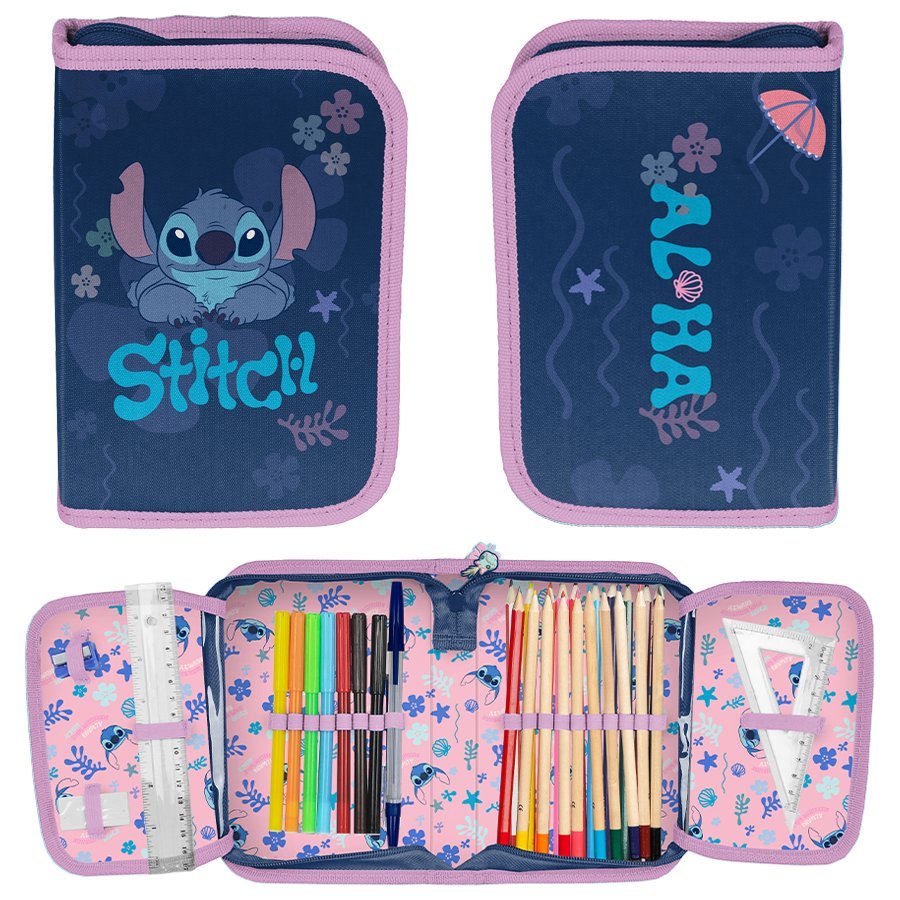 Piórnik Szkolny Z Wyposażeniem Dwie Klapy Granatowy Róż Stitch Aloha Paso