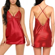 Komplety bielizny - KOMPLET BIELIZNY SATYNOWA KOSZULKA NOCNA KORONKA SEXY HALKA MAJTKI - miniaturka - grafika 1