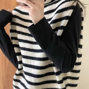 TEMU 1 szt. Elegancki kardigan z wysokim kołnierzem z akrylu dla kobiet - jesienny sezon Kolorowy blok Pasiasta dzianina, swobodny luźny krój otwarty - Swetry damskie - miniaturka - grafika 1