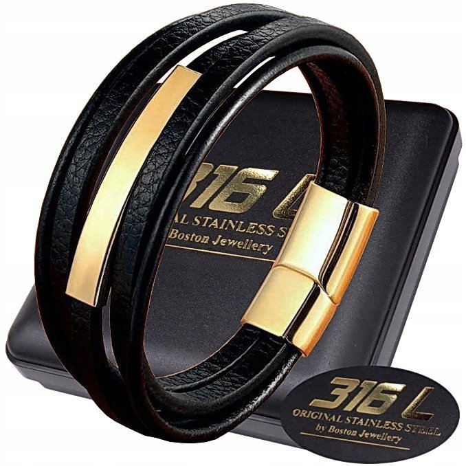 Gruba Skórzana Bransoleta Bransoletka Męska Stal Chirurgiczna Czarna Skóra