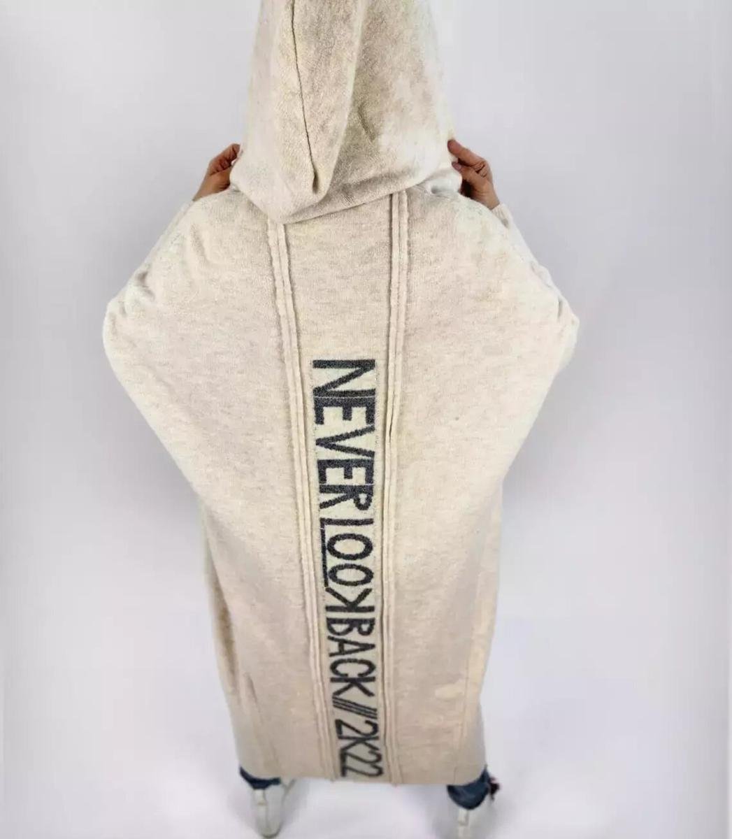 Długi kardigan Sweter z wełną Ciepły Napis NEVER LOOK BACK-L