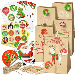 KALENDARZ ADWENTOWY DIY EKO TOREBKI NADRUK ŚWIĄTECZNY NAKLEJKI ZRÓB TO SAM - Ozdoby bożonarodzeniowe - miniaturka - grafika 1
