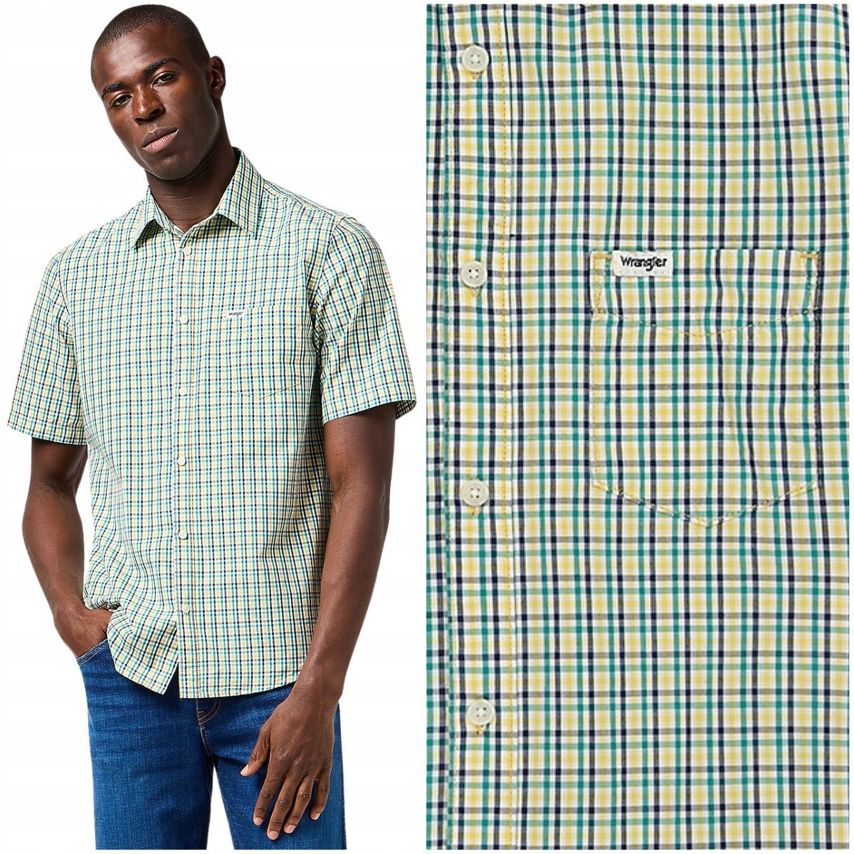 Wrangler 1 PKT SHIRT Green Multi bawełniana koszula kratka krótki rękaw M